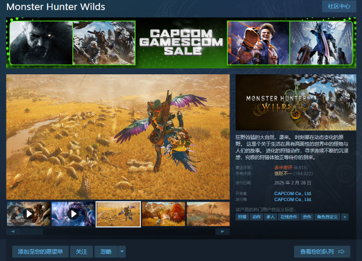 《怪物猎人:荒野》Steam新史低278元,多款经典大作骨折价 《怪物猎人:荒野》Steam新史低278元,多款经典大作骨折价