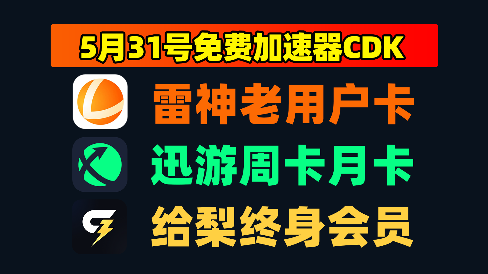 5.31大放送，雷神加速器口令周卡+给梨月卡，领完即止！